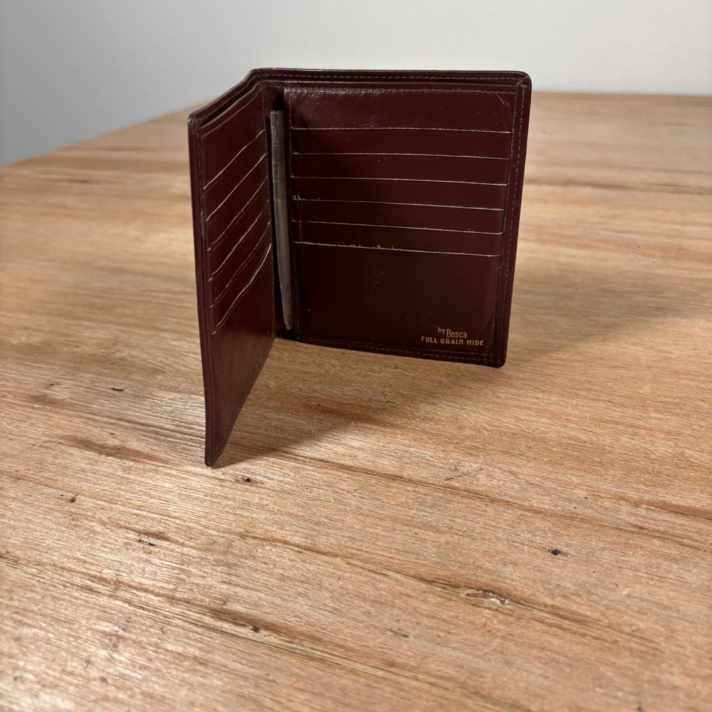 Bosca Mens Bifold Wallet Burgundy Brown Full Grain Hide Leather Vertical Slots